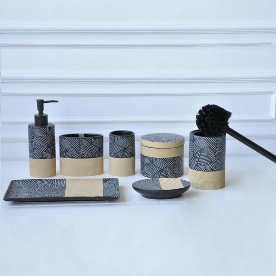 Prodotti per il bagno dell'hotel tropicale Set di accessori per il bagno in ceramica nera Set di prodotti per il bagno con bicchiere per decorazione ingobbio